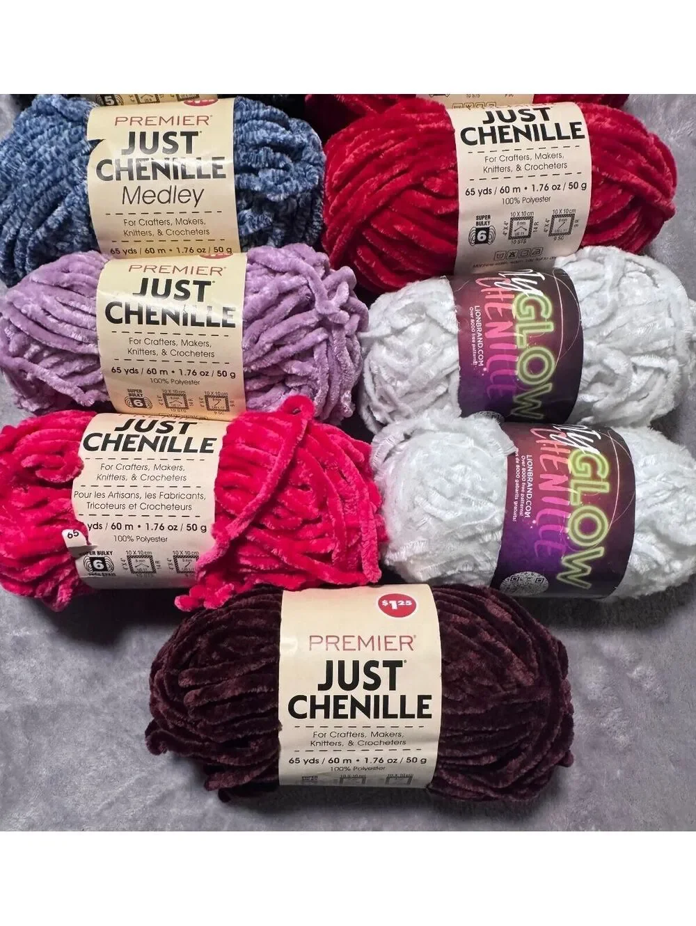 Premier Just Chenille Yarn Lot of 13 Super Bulky 1lb 10oz 714 yards.